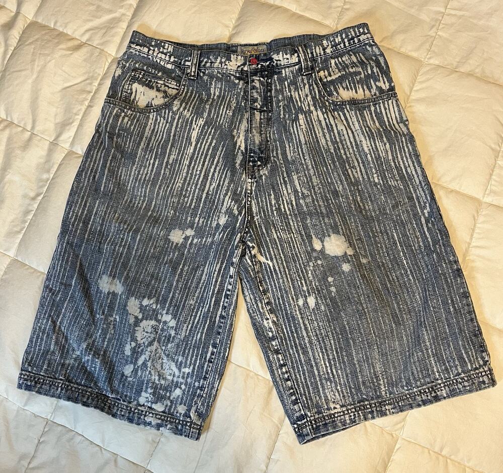Vintage Y2K Royal Blue Baggy Shorts Mens 38 Blue Denim Jorts Skater Striped